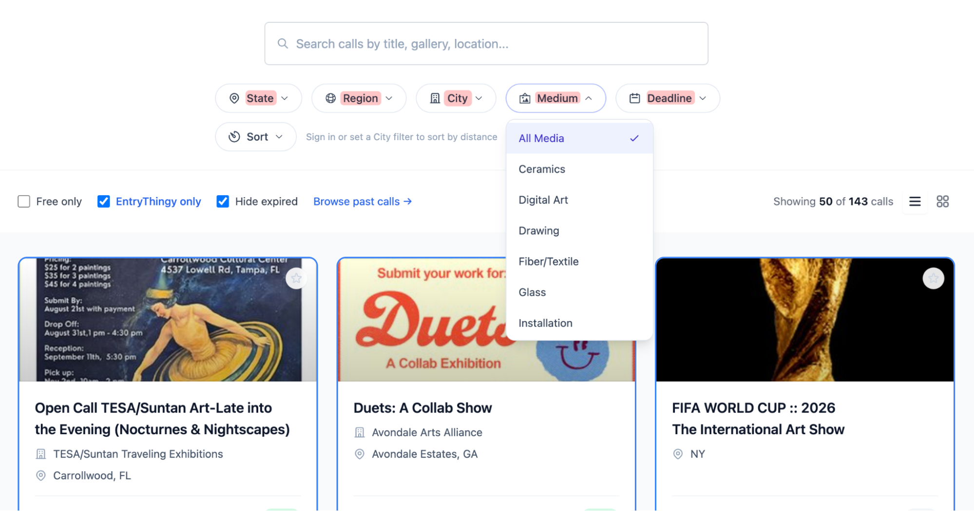 Browsing verified art calls with filters for medium, region, and deadline