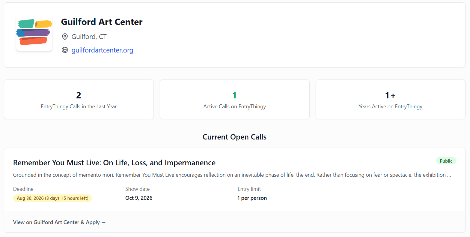 An organizer profile page showing open calls and activity history
