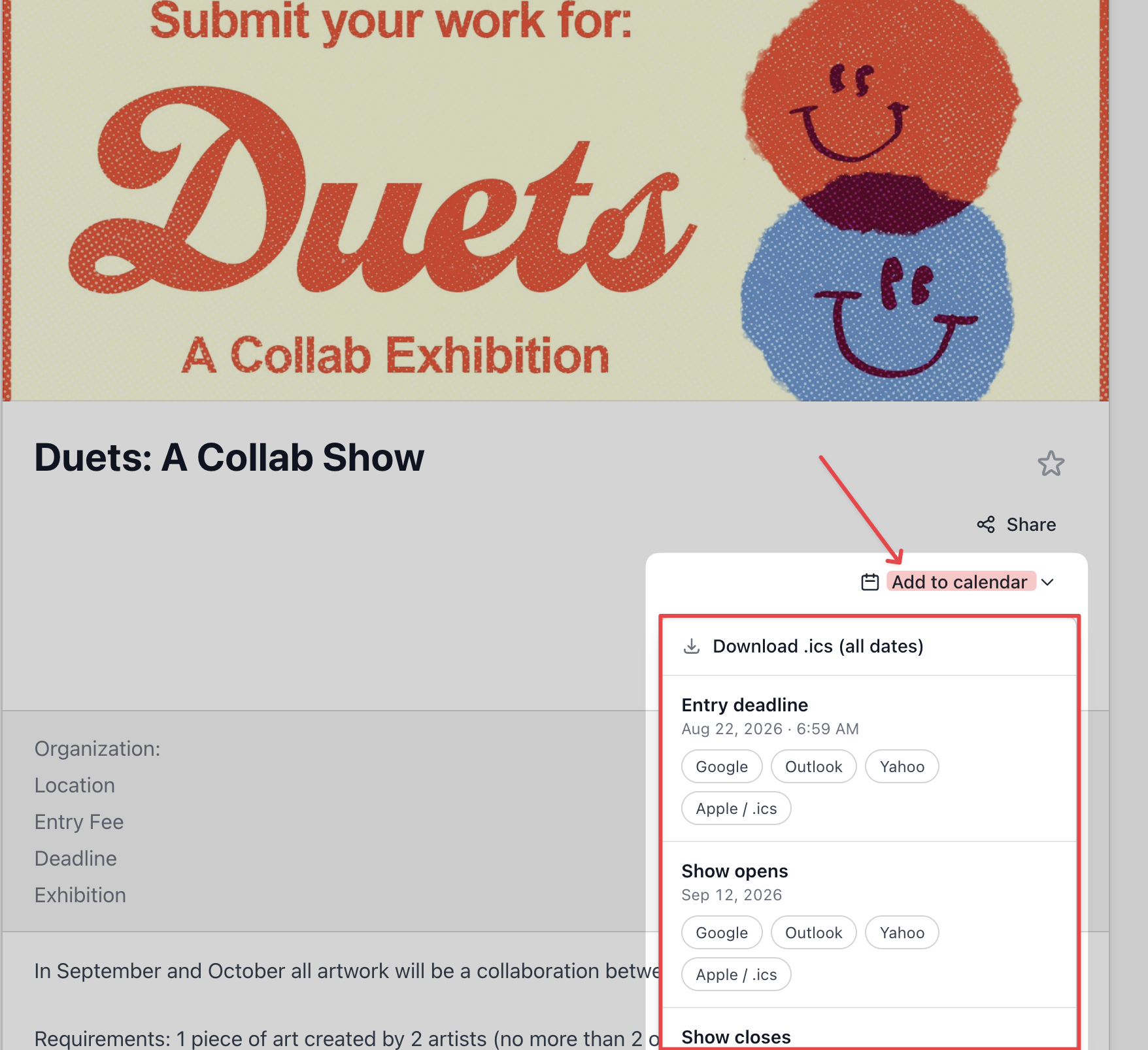 Add to calendar options on an EntryThingy call page