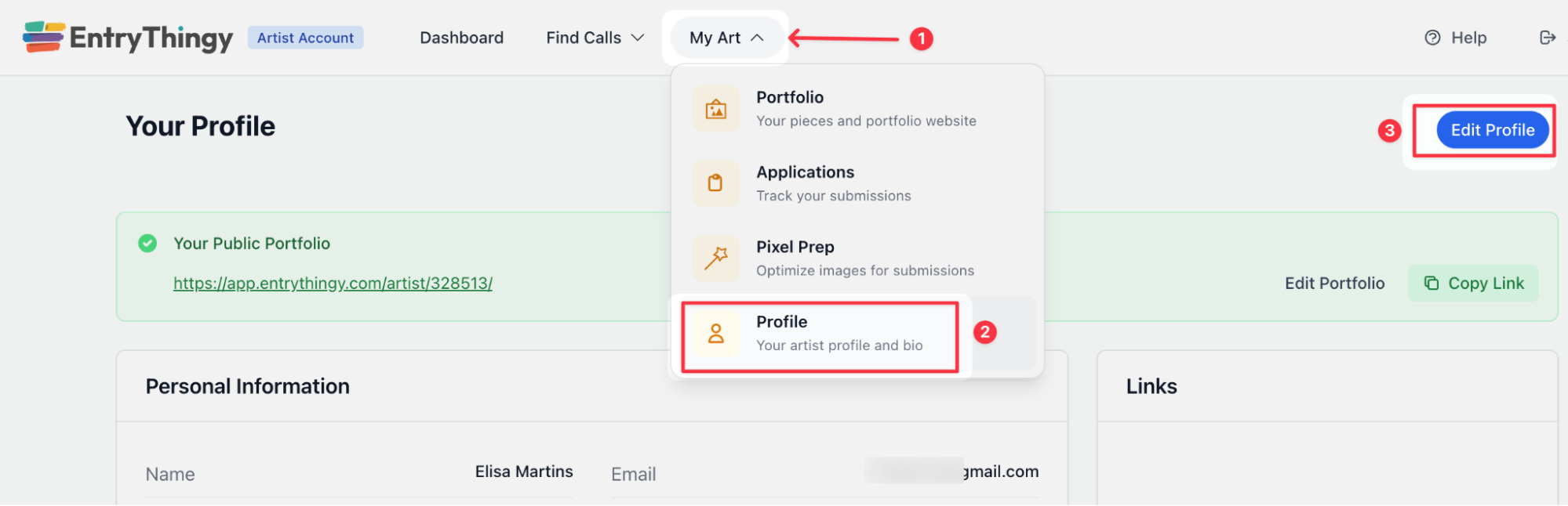 The My Art menu showing the Profile option and Edit Profile button