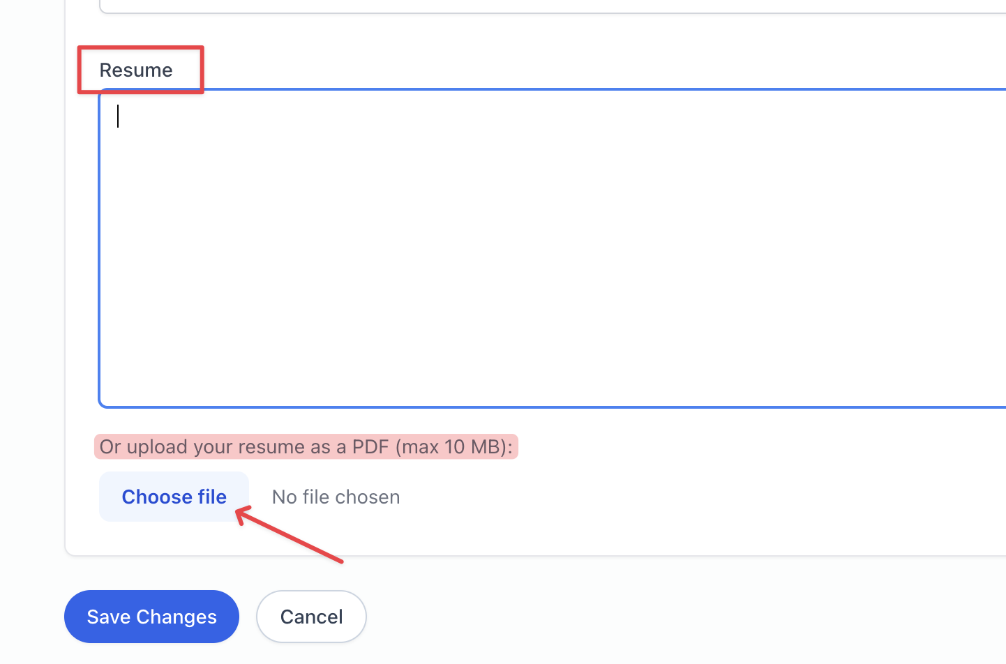 The Resume field with an option to upload a PDF