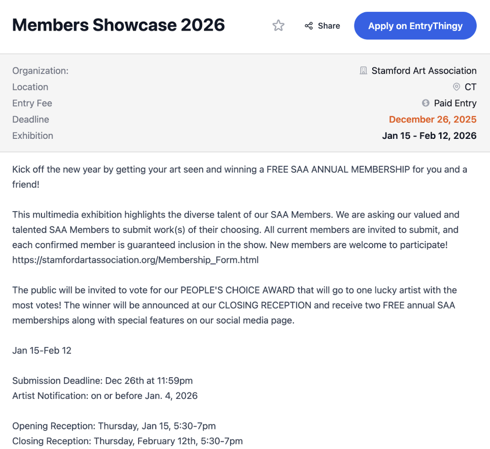 EntryThingy call for art listings platform interface