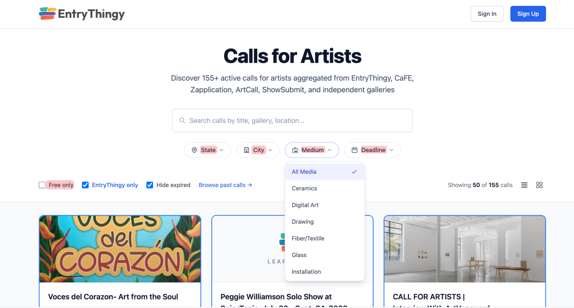 EntryThingy call search filtered by medium, cost, location, and deadline