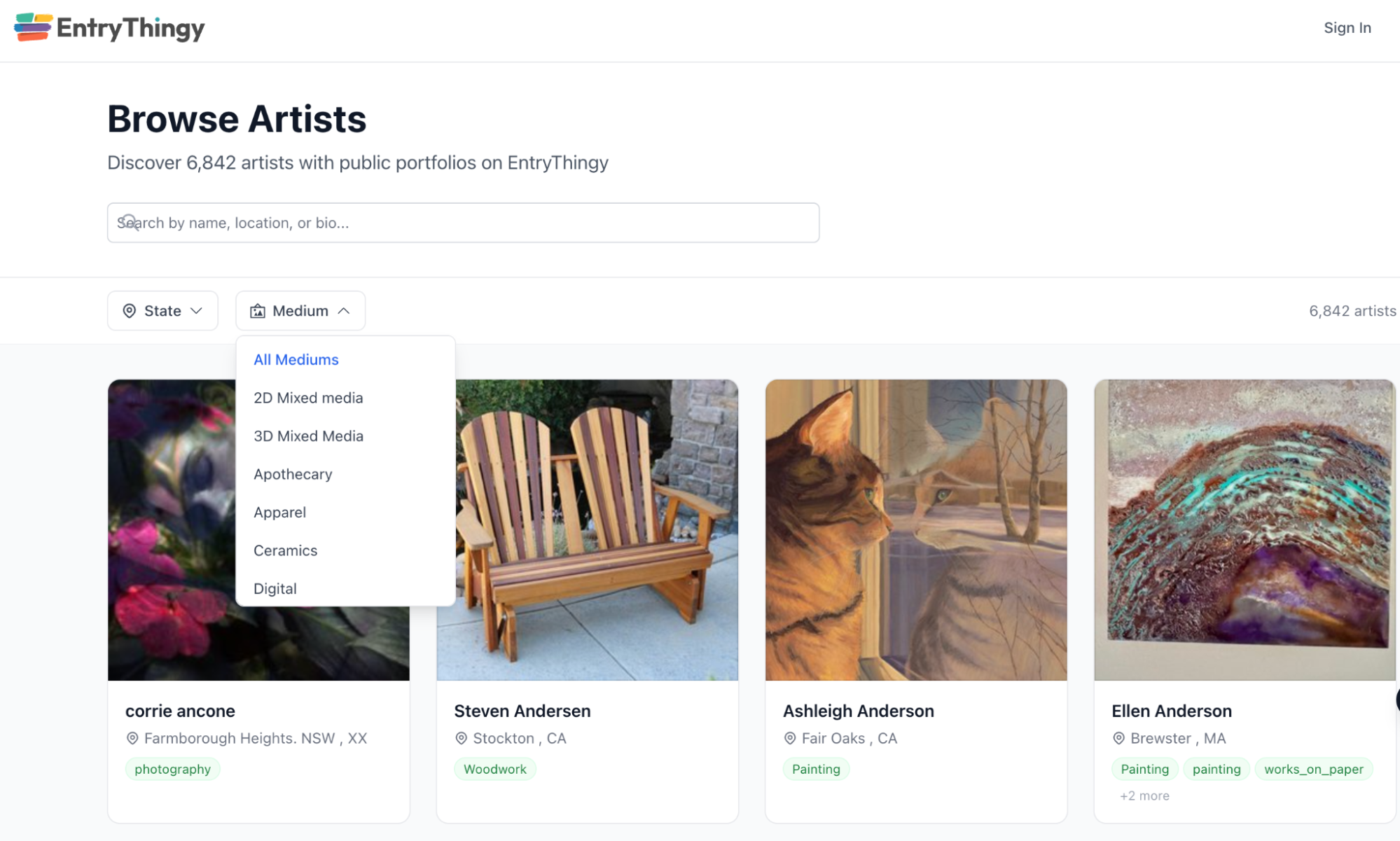 EntryThingy artist profile showing statement and work