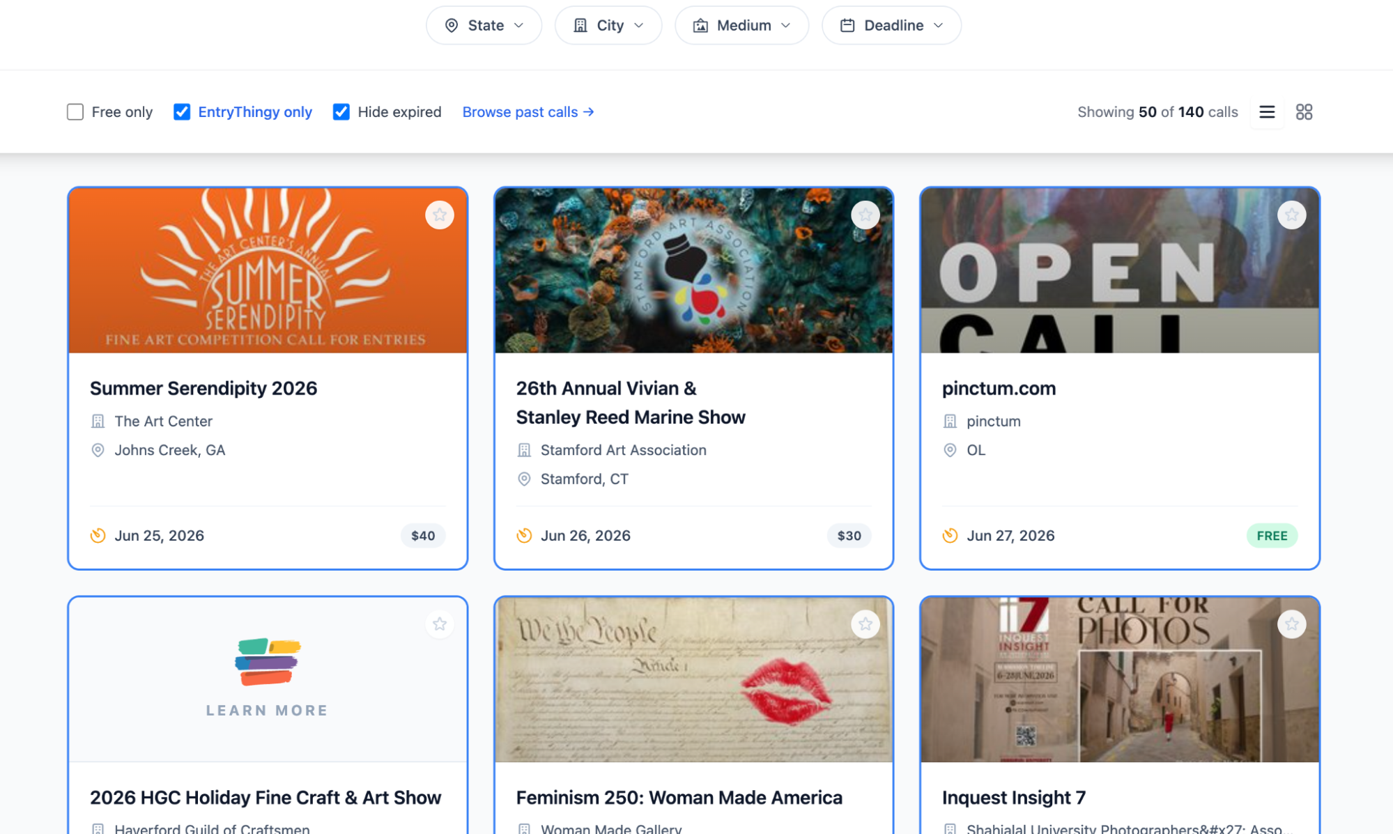 EntryThingy calls list with filters for state, city, medium, and deadline