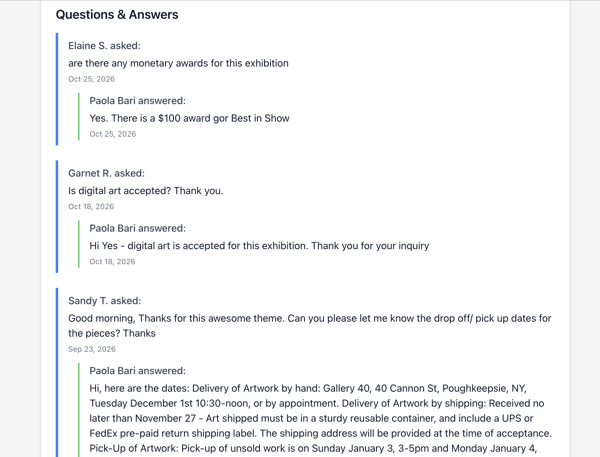 Public Questions and Answers section at the bottom of an EntryThingy call page