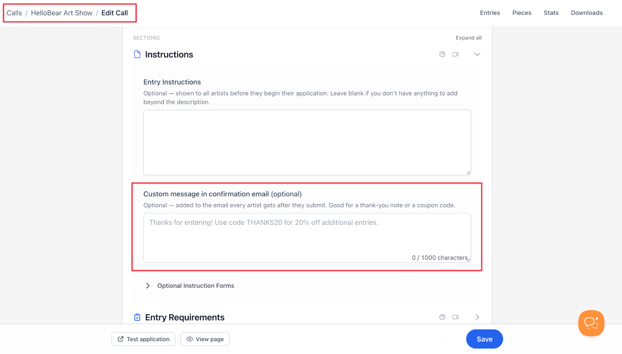 Custom message in confirmation email field in the EntryThingy call editor