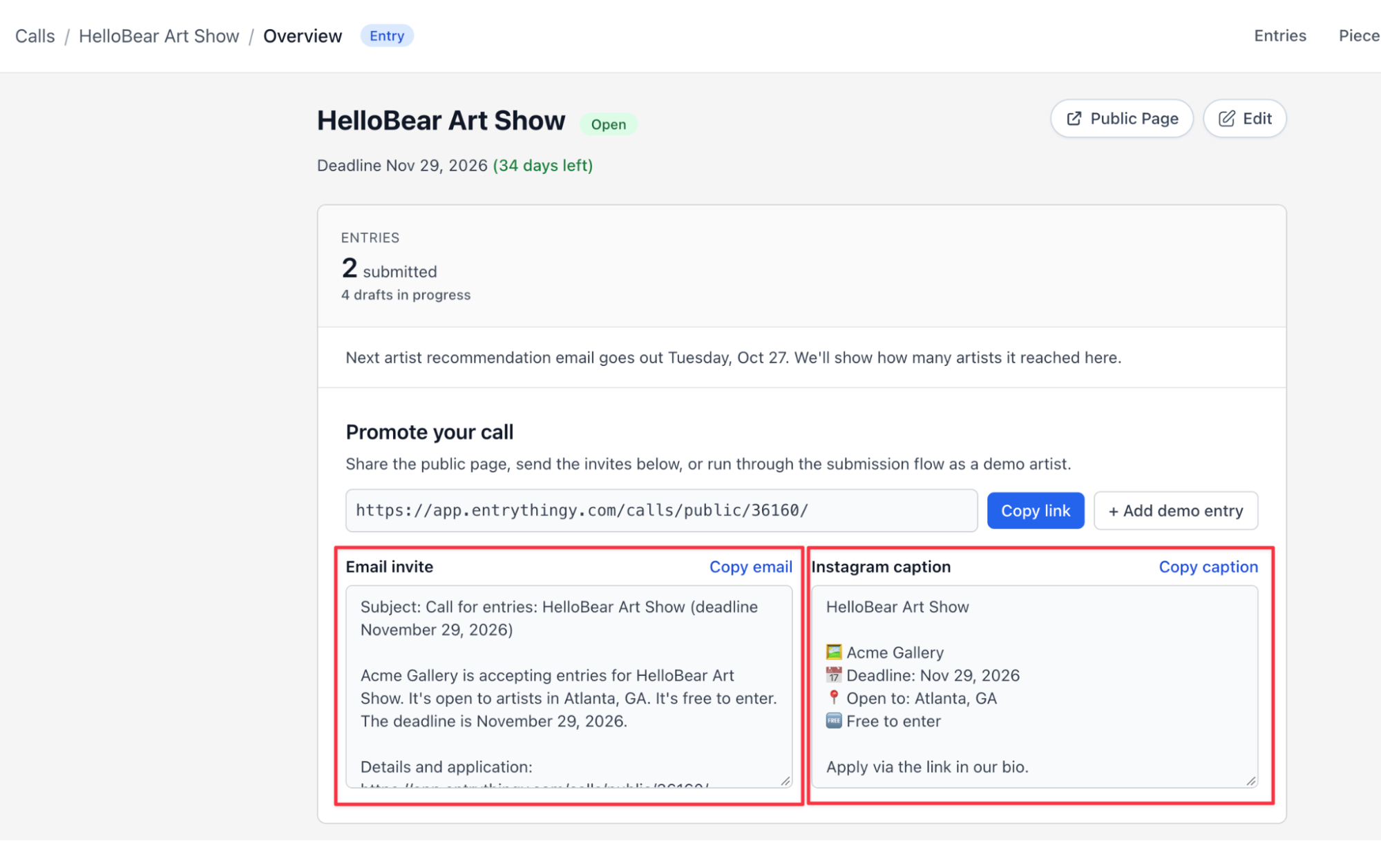 Promote your call section with ready-made email and Instagram caption