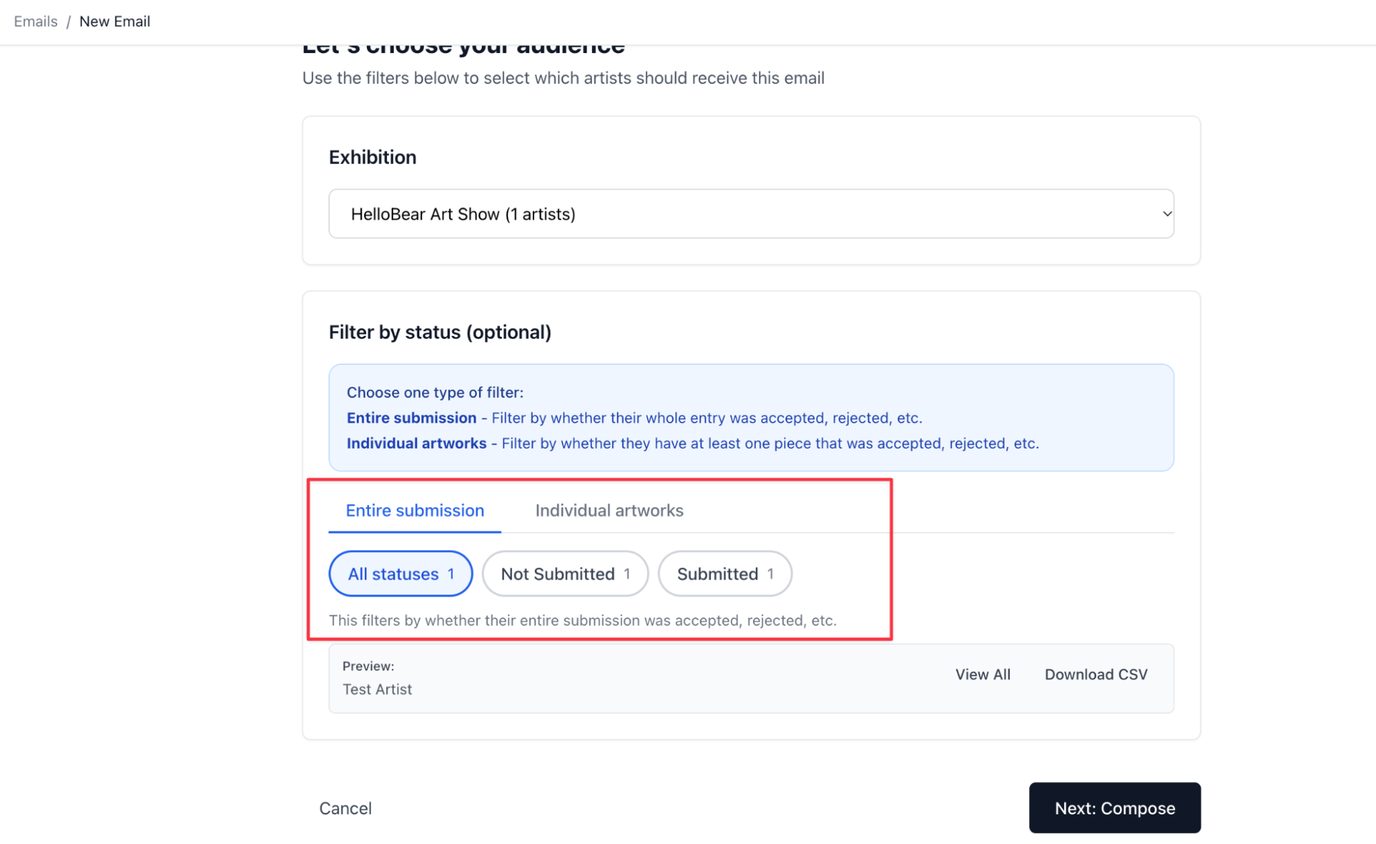Email tool filtering recipients by Submitted and Not Submitted entry status
