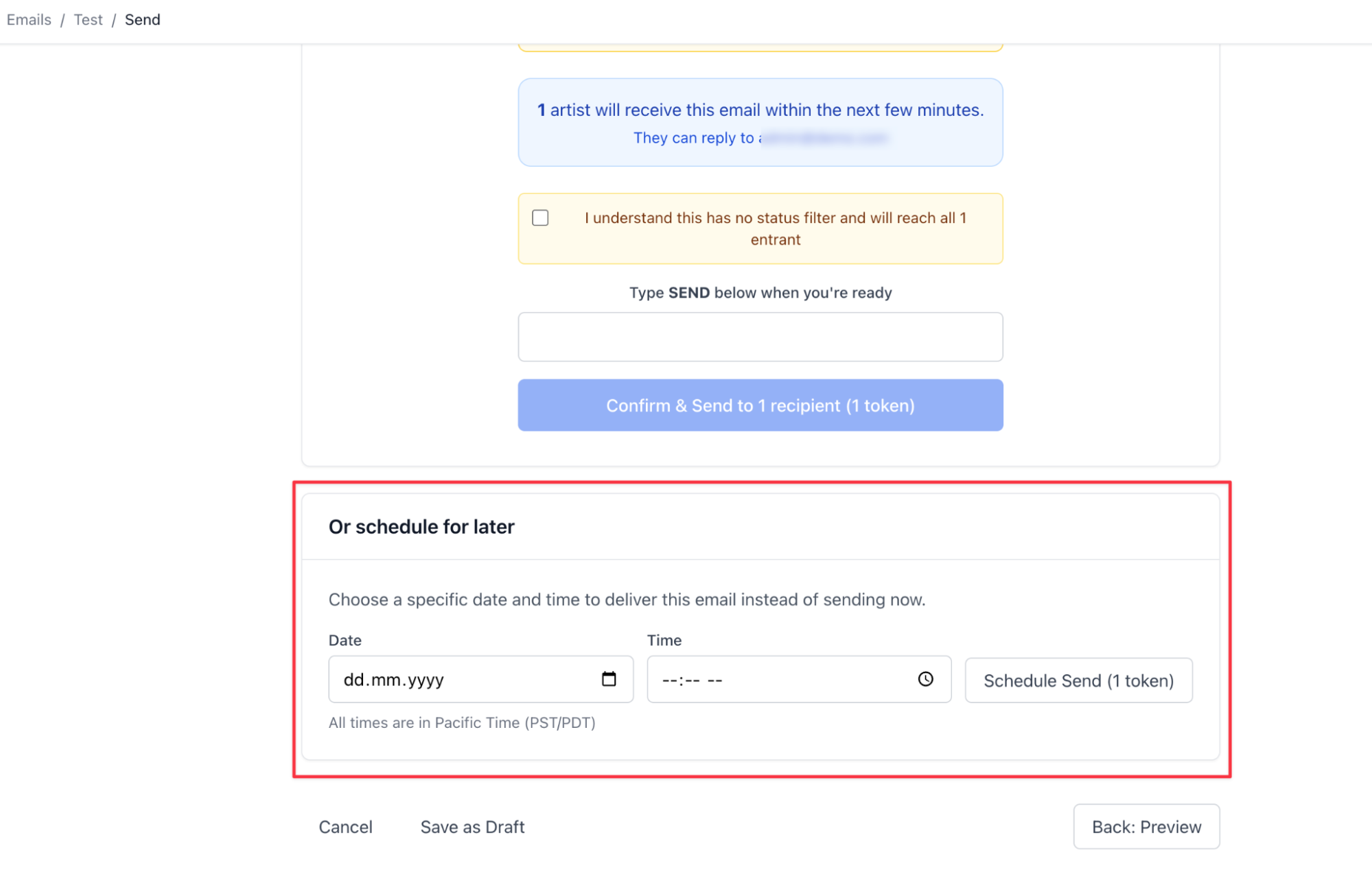 Schedule Send option in the EntryThingy email tool