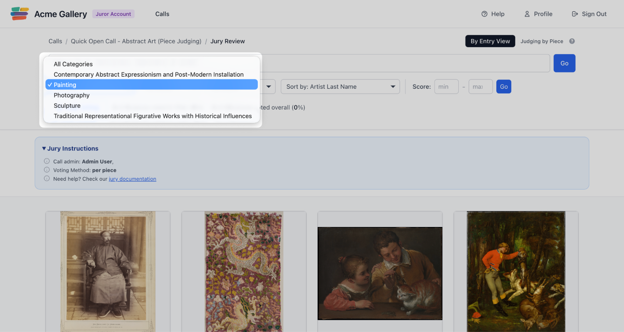 Piece voting filter showing categories like Painting and Photography