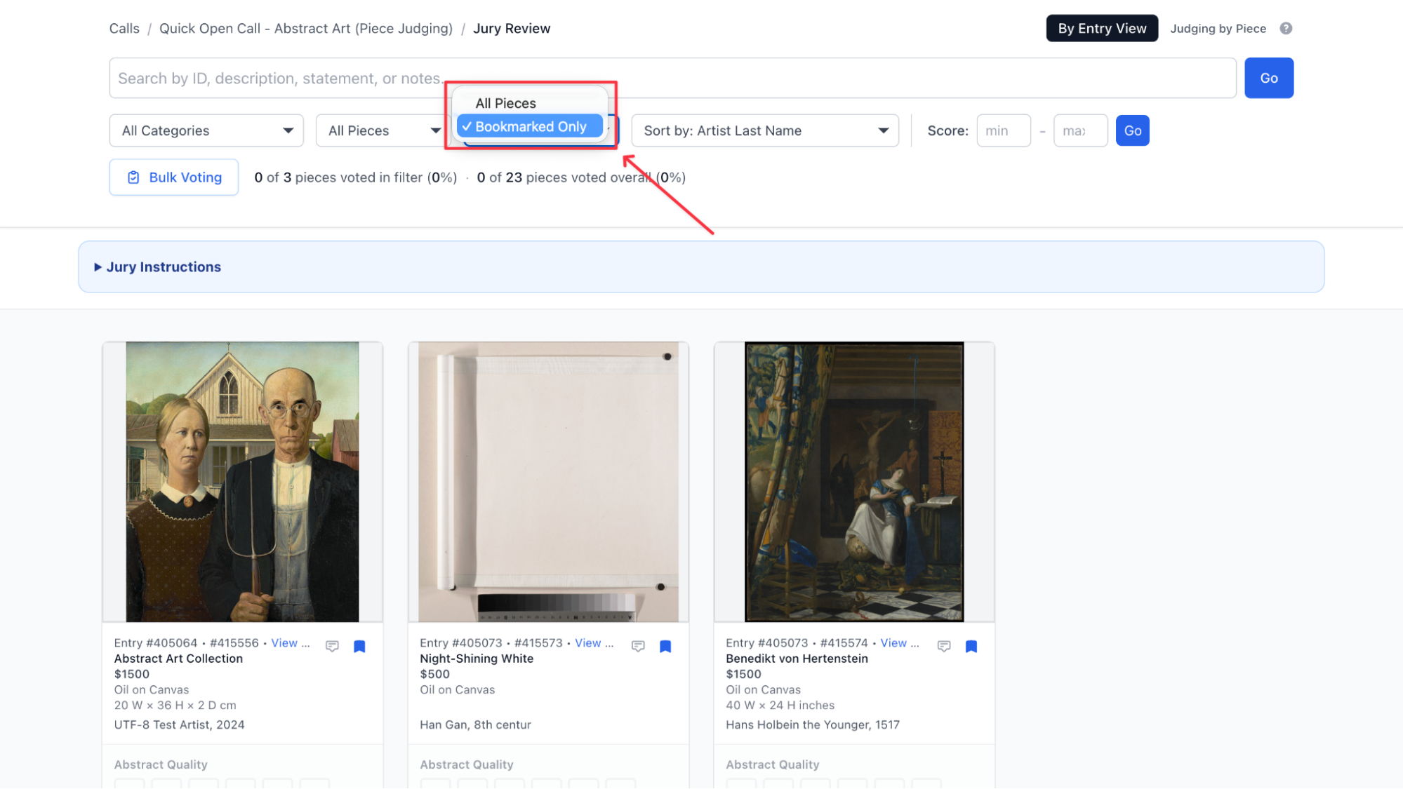 Filtered queue showing only bookmarked pieces