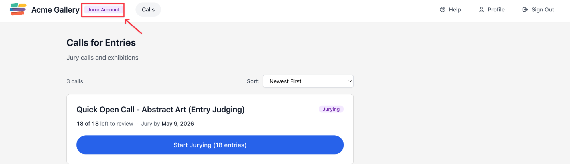 Juror account dashboard showing the simplified navigation with only the Calls option