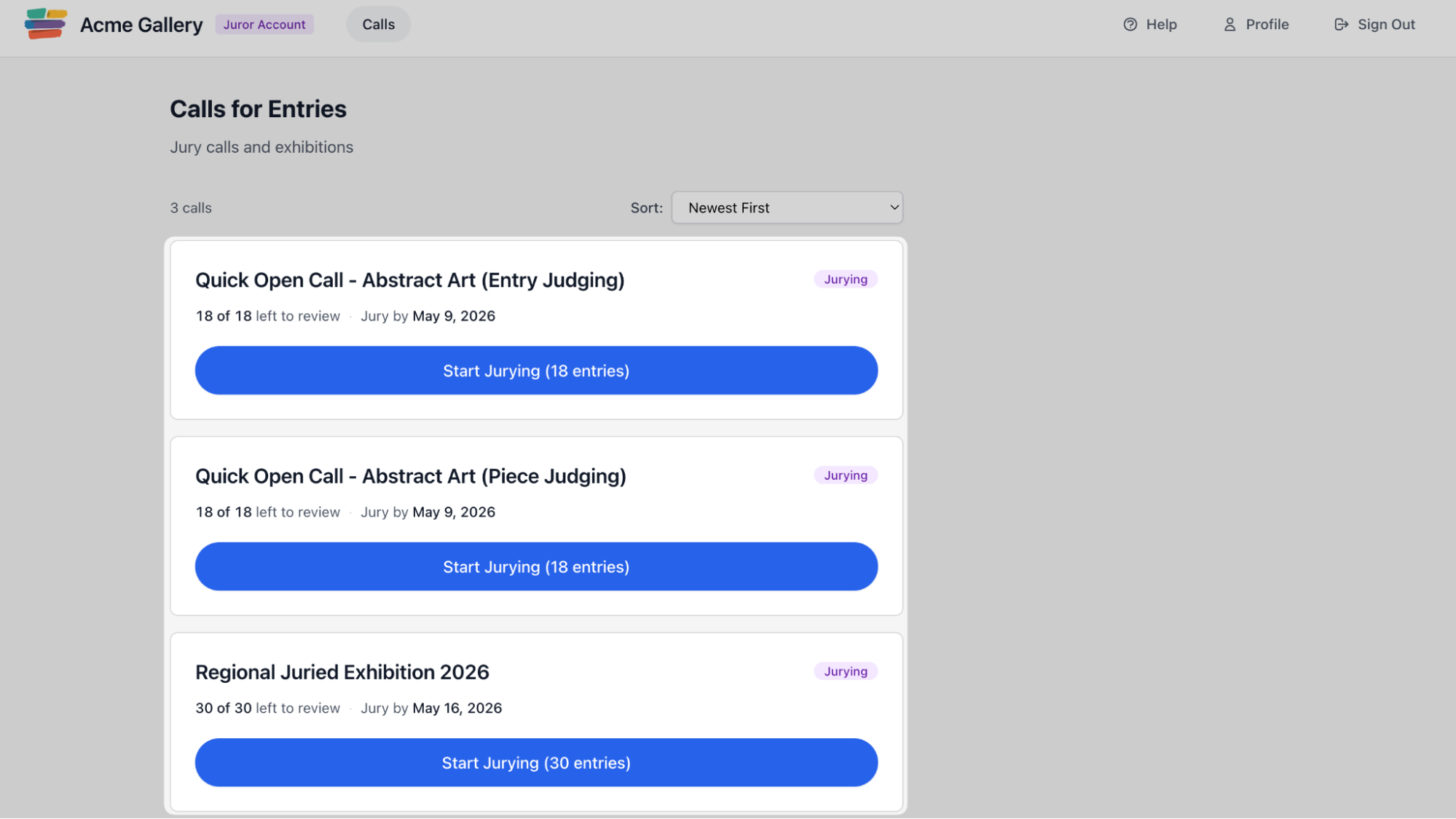 Juror dashboard listing assigned calls with entries remaining and deadlines