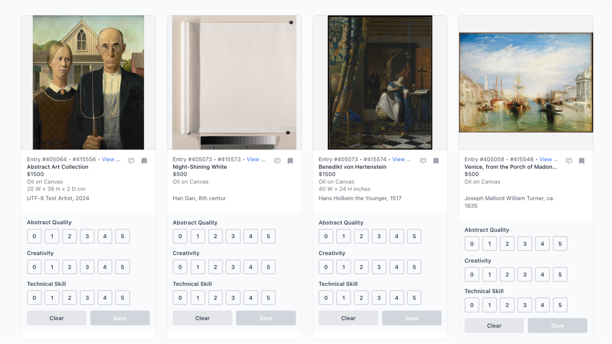 Grid of individual artworks for piece voting, scored separately