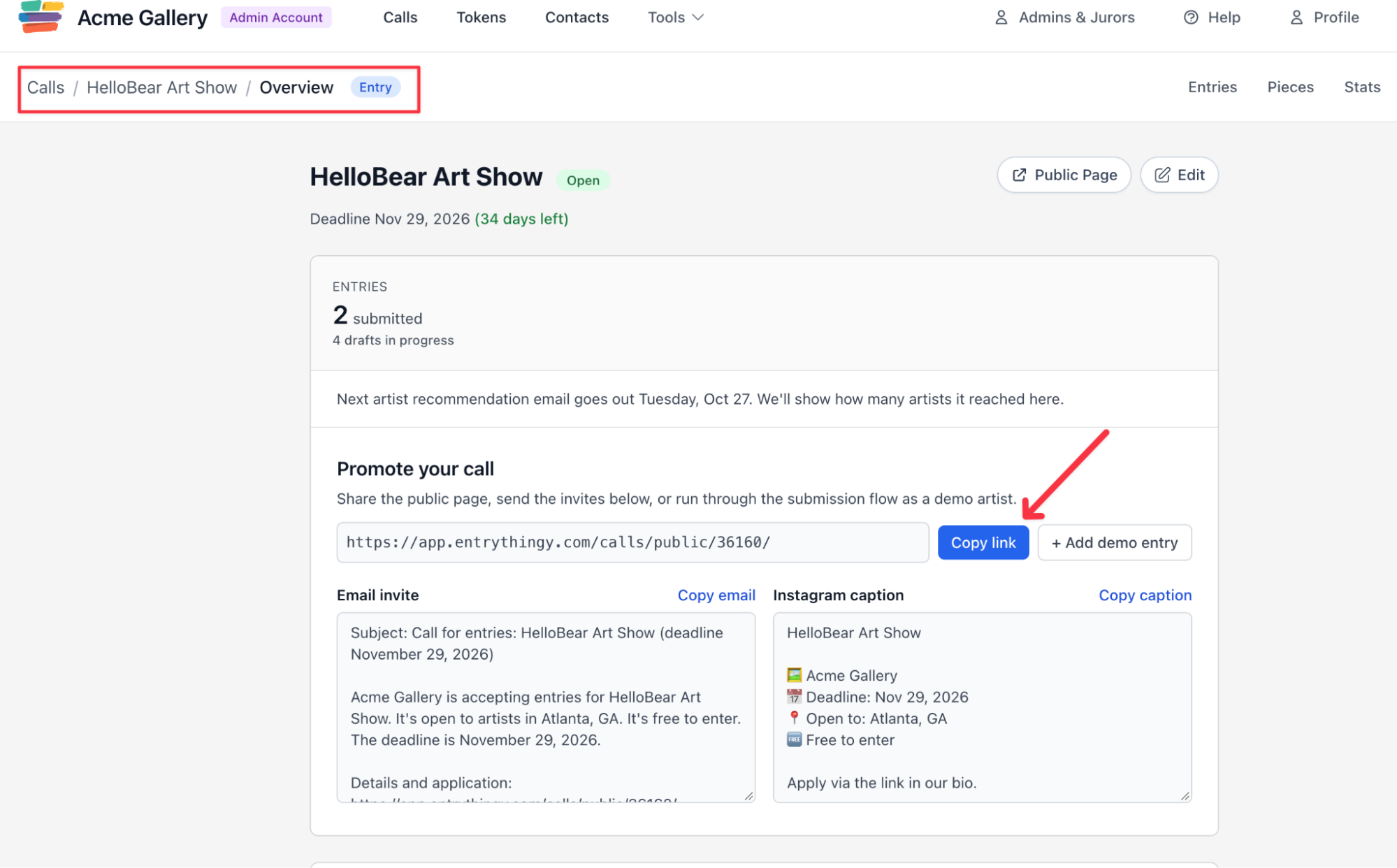 Promote your call section with Copy link on the EntryThingy call Overview