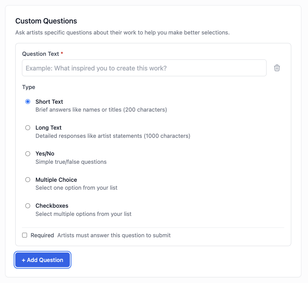 Custom question set up to ask how artists heard about the call