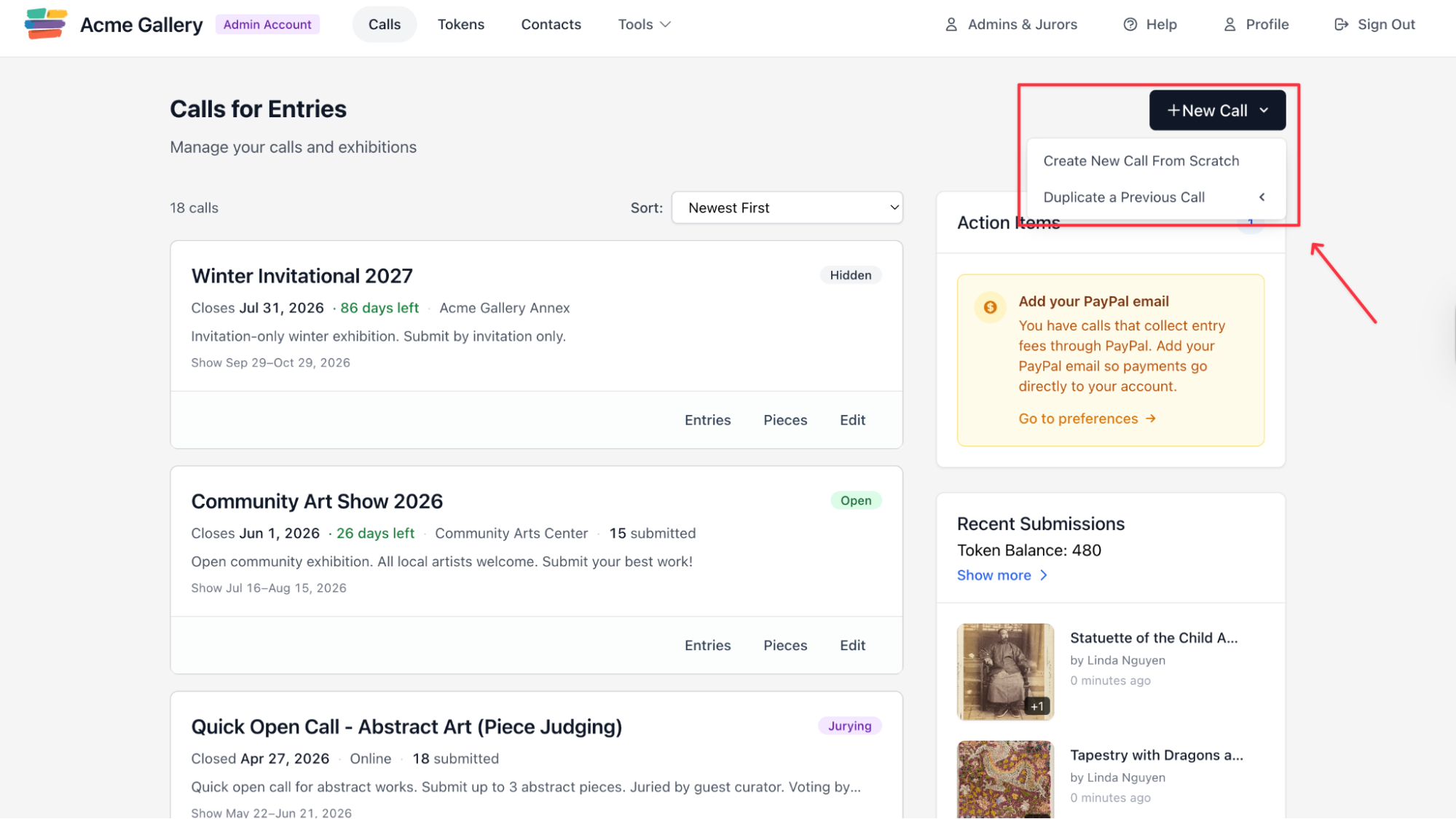 New Call button in the EntryThingy admin dashboard
