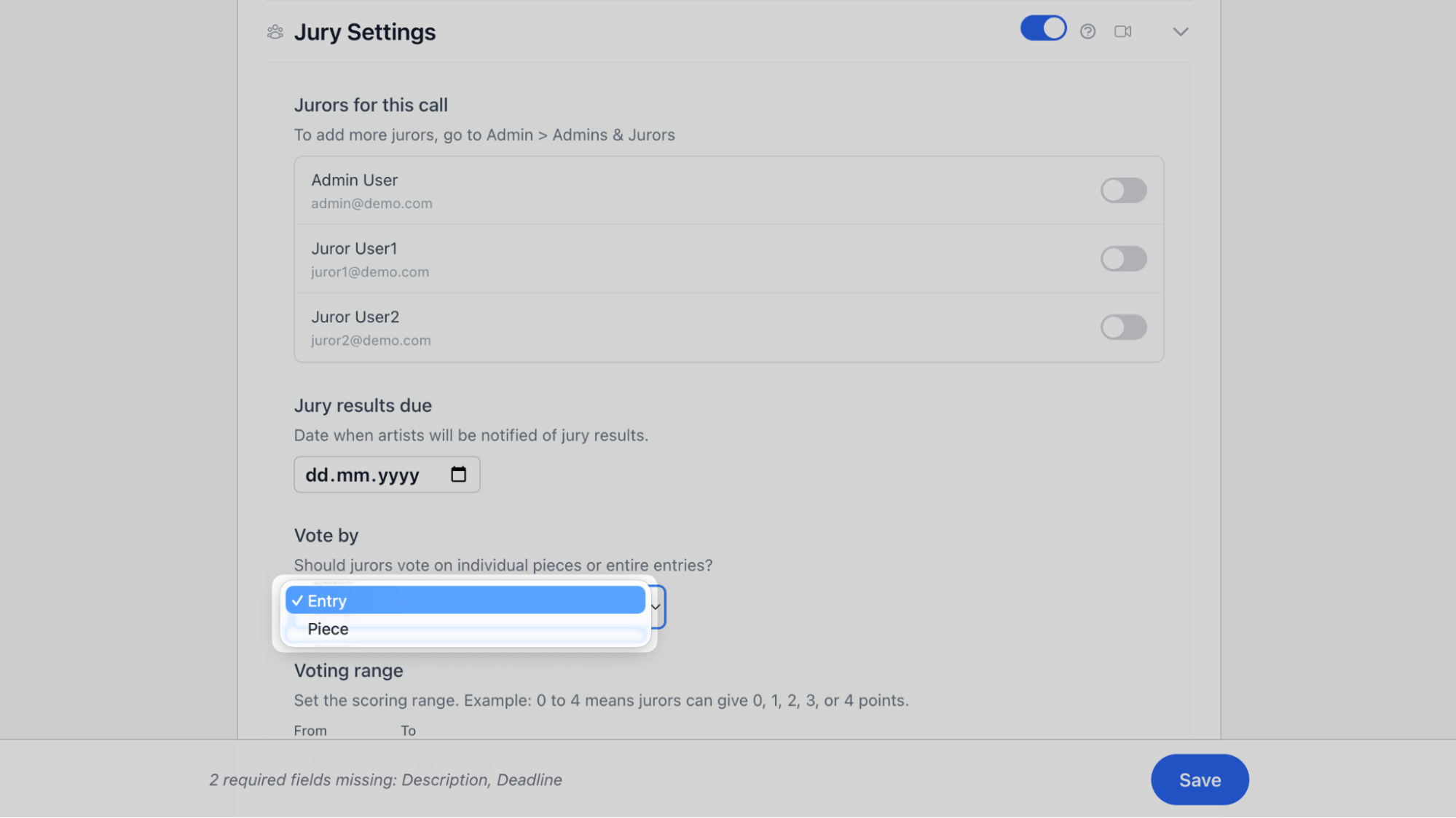 Jury Settings section with Vote by Entry or Piece options