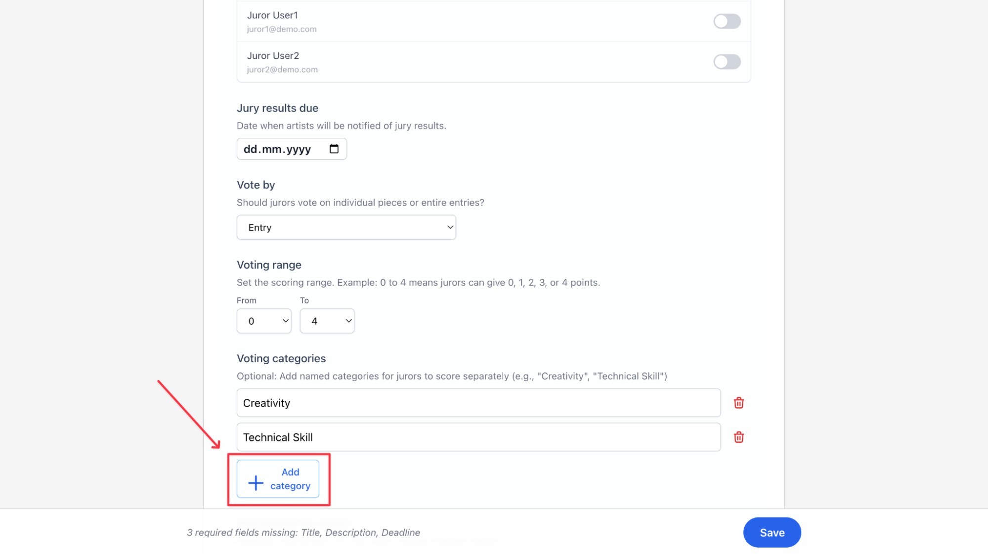Adding voting categories like Creativity and Technical Skill to a call