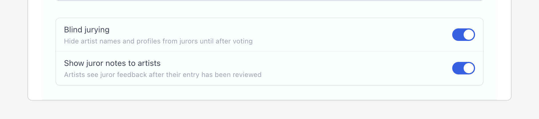 Blind review and Show juror notes toggles in call settings