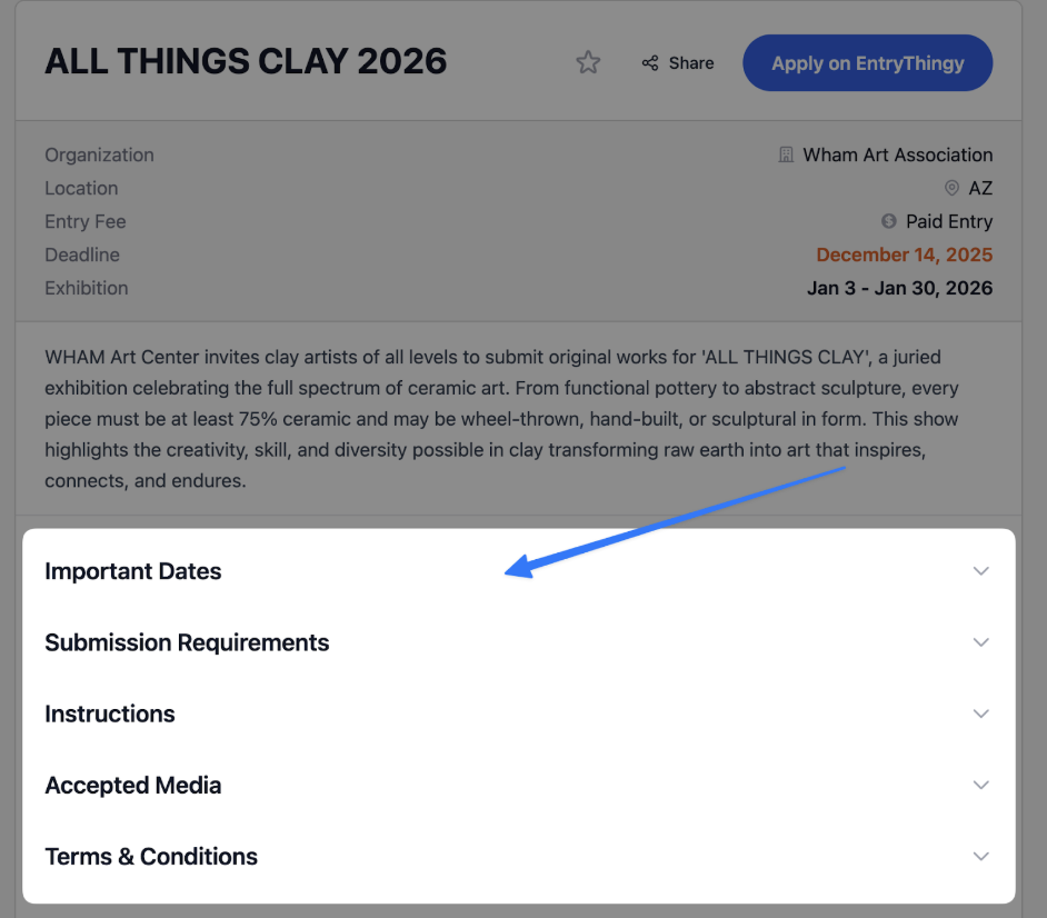 Important dates section showing exhibition timeline