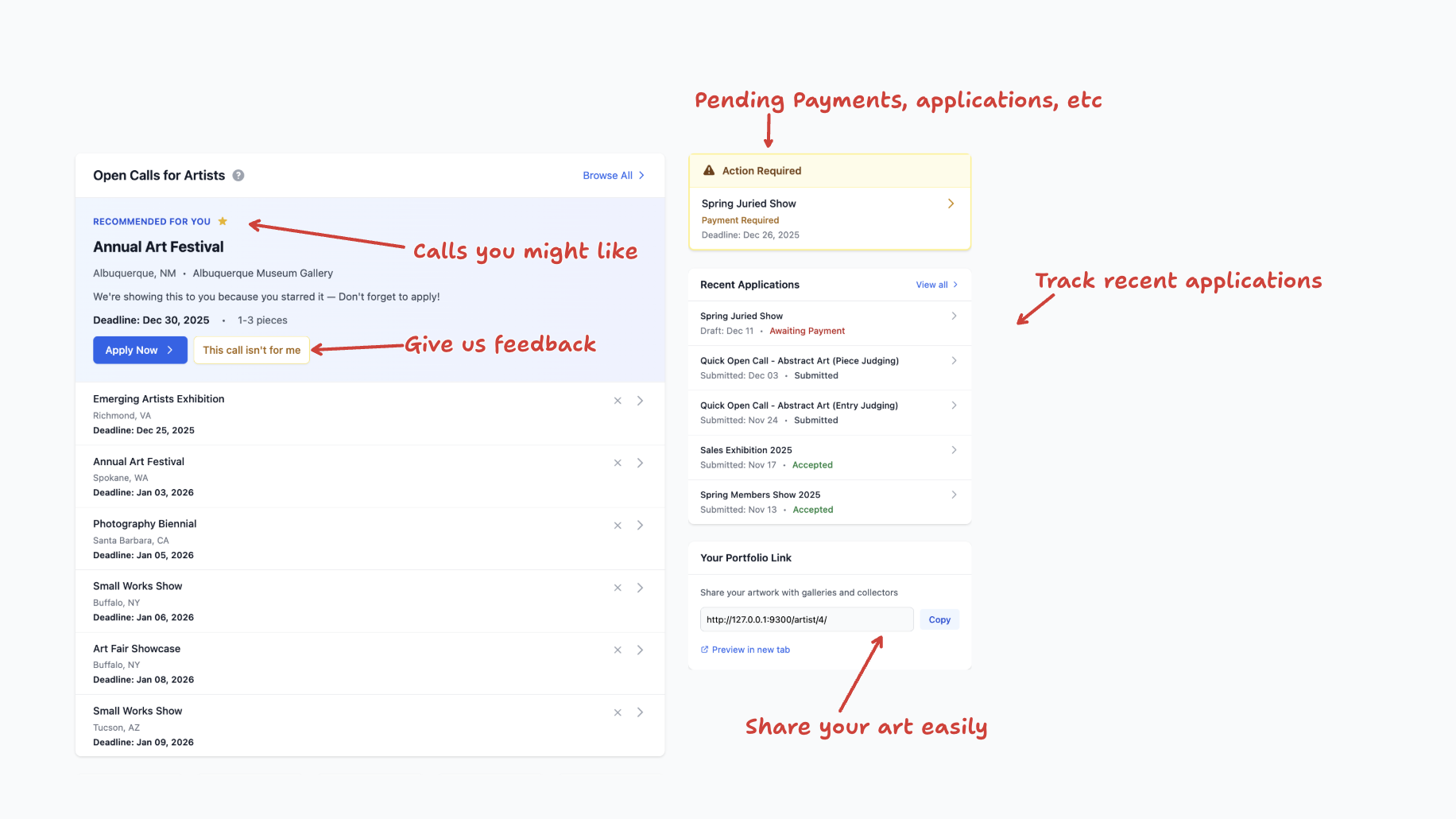 Artist dashboard showing recommended calls and action items